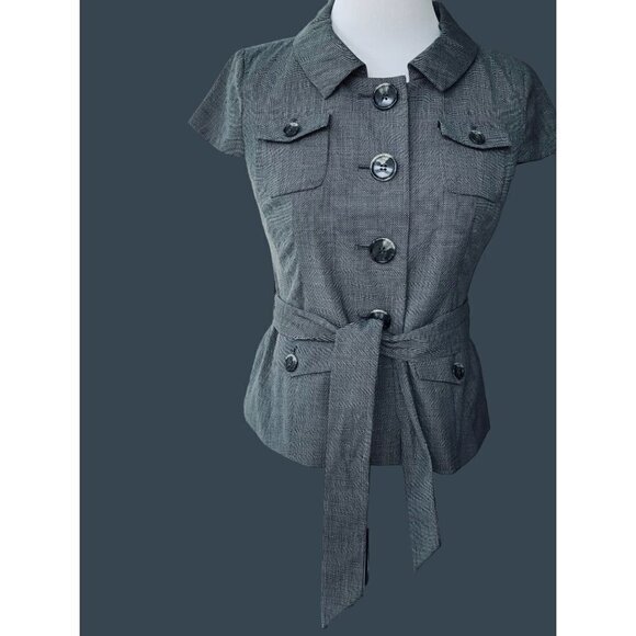 ANN TAYLOR LOFT LADIES PETITE LINED GRAY TWEED BUTTON UP BELTED SS JACKET NWT 4P - Picture 4 of 9